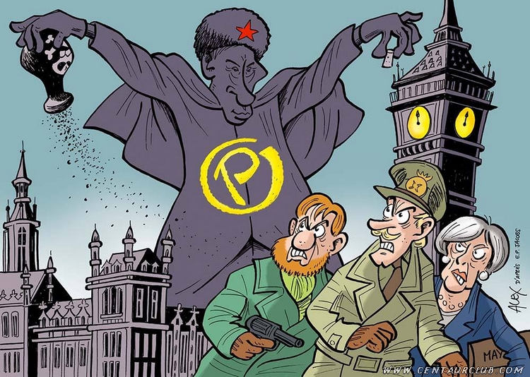 Brexit : La peur sur Londres dessin d'alex parodiant le projet de couverture de la marque jaune Blake Mortimer centaurclub