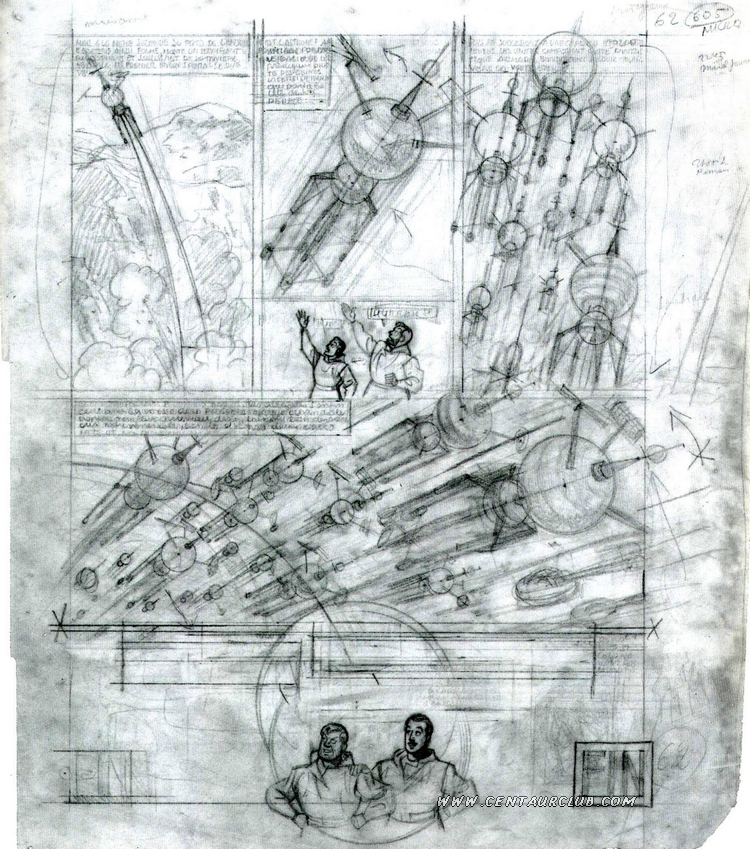 Blake et Mortimer par Jacobs, crayonné sur calque de la la planche 62 de l'énigme de l'Atlantide.