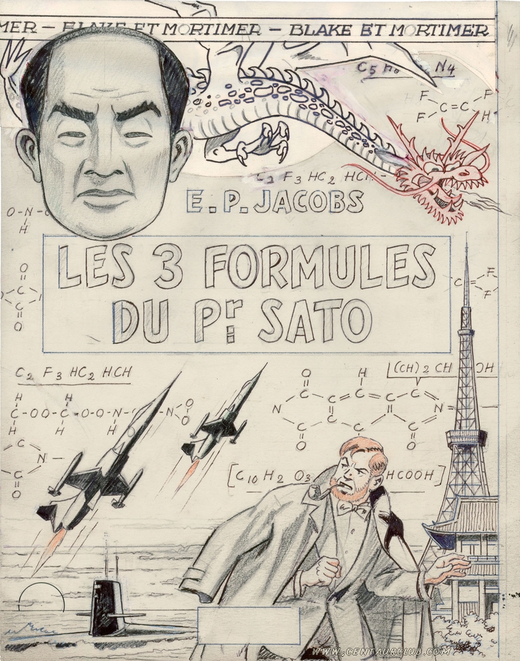 Blake et Mortimer, crayonné de Jacobs pour la couverture des 3 formules du professeur Sato tome 1 - Mortimer à Tokyo - centaurclub