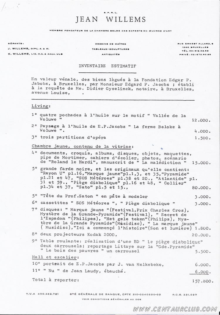 page 1 de l'inventaire Willems planche Blake Mortimer volées centaurclub