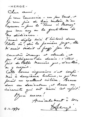 Exclu ! ;-) Le mot sympa et admiratif qu'Hergé en personne écrivit aux auteurs, en 1974, après avoir lu Time is money !