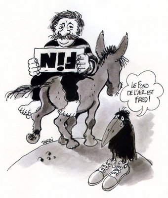 Hommages Fred - DBDmai2013-Tardi.jpg (210.79 Kio) Vu 10796 fois par Jacques TARDI, ... qu'on ne présente plus ! (Fred est monté sur Anatole, l'âne de Philémon. Le corbeau, c'est le "héros quasi-autobiographique" d'un album important de Fred : le corbac aux baskets... )